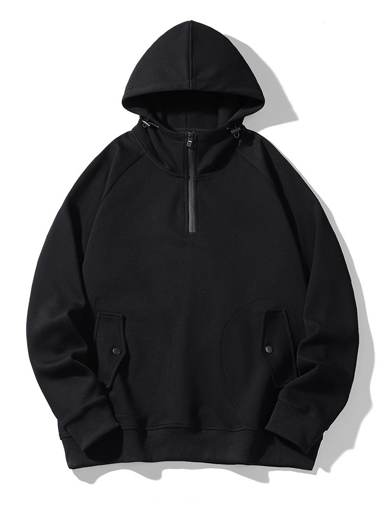Black fashion long sleeves half-zip hoodie with pockets for men, model SF1507, featuring a hooded collar and soft cotton-polyester blend.